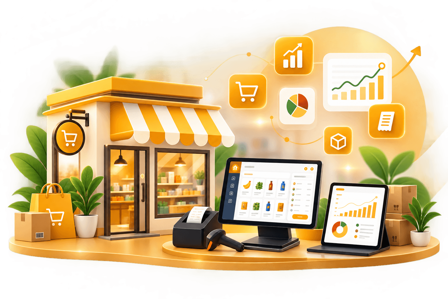 A store counter with its terminal, tablet and stock, and the office dashboard behind it